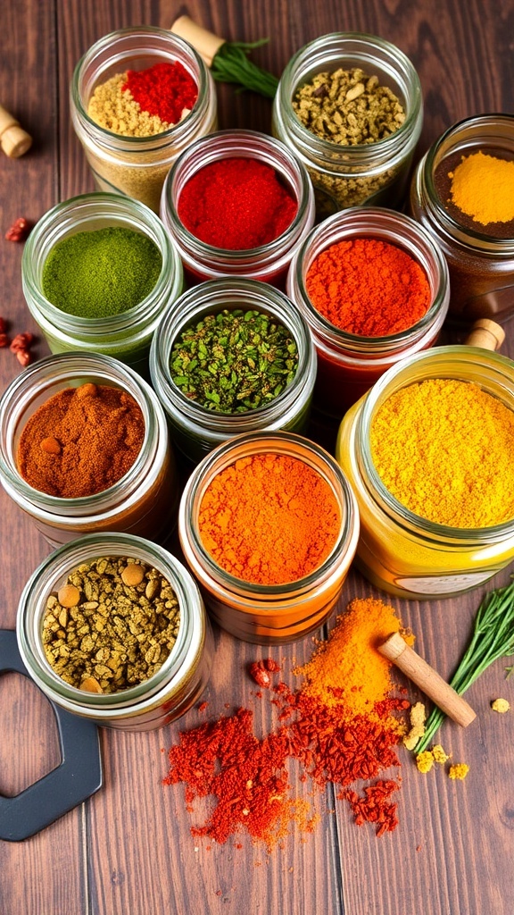 Colorful jars of various seasoning blends on a wooden table.